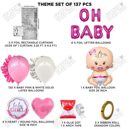 Baby Girl Foil Balloon Set With Oh Baby Foil Letter Pink & White Arch Theme - Pack Of 137