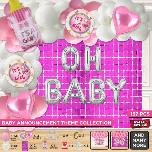 Feeder Foil Balloon With Oh Baby Foil Letter White & Pink Color Arch Theme - Pack Of 137