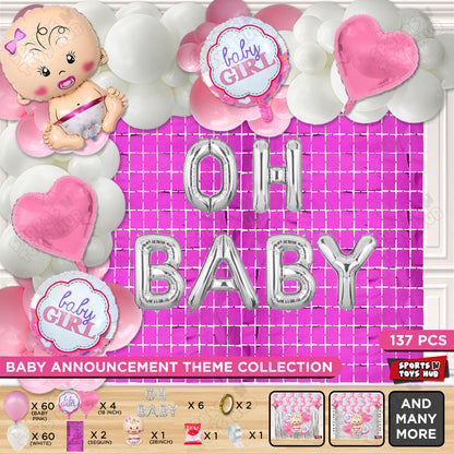 Baby Girl Foil Balloon Set With Oh Baby Foil Letter Pink & White Arch Theme - Pack Of 137