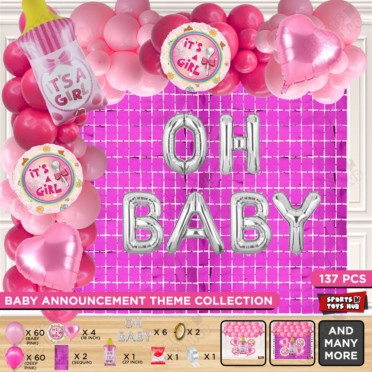 Feeder Foil Balloon With Oh Baby Foil Letter Dark Pink & Pink Color Arch Theme - Pack Of 137