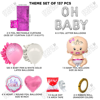 Baby Girl Foil Balloon Set With Oh Baby Foil Letter Pink & White Arch Theme - Pack Of 137