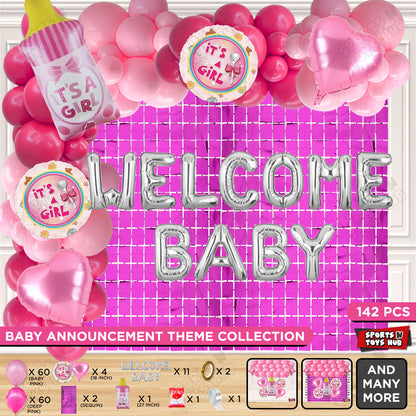 Baby Girl Feeder Foil Balloon Set With Welcome Baby Foil Letter Arch Theme - Pack Of 142