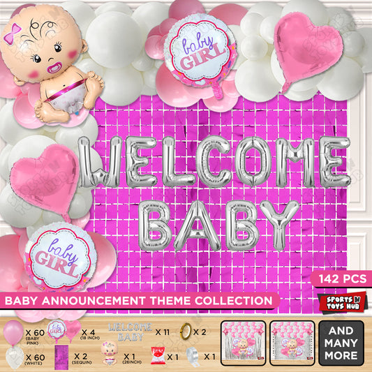 Baby Girl Foil Balloon Set With Welcome Baby Foil Letter Pink & White Color Arch Theme - Pack Of 142