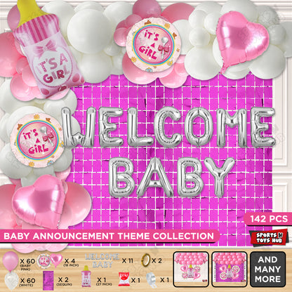 Baby Girl Feeder Foil Balloon Set With Welcome Baby Foil Letter White & Pink Color Arch Theme - Pack Of 142