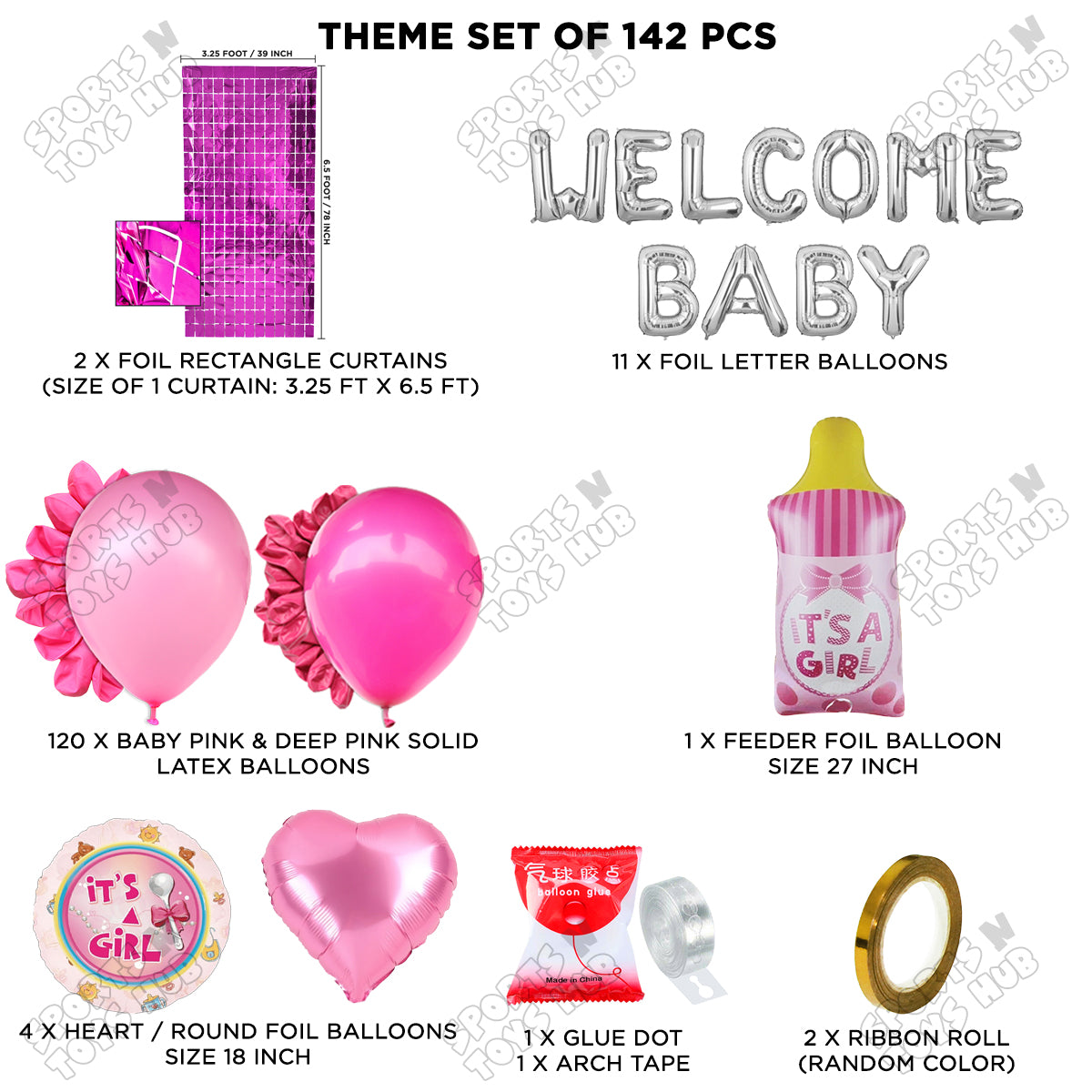 Baby Girl Feeder Foil Balloon Set With Welcome Baby Foil Letter Arch Theme - Pack Of 142