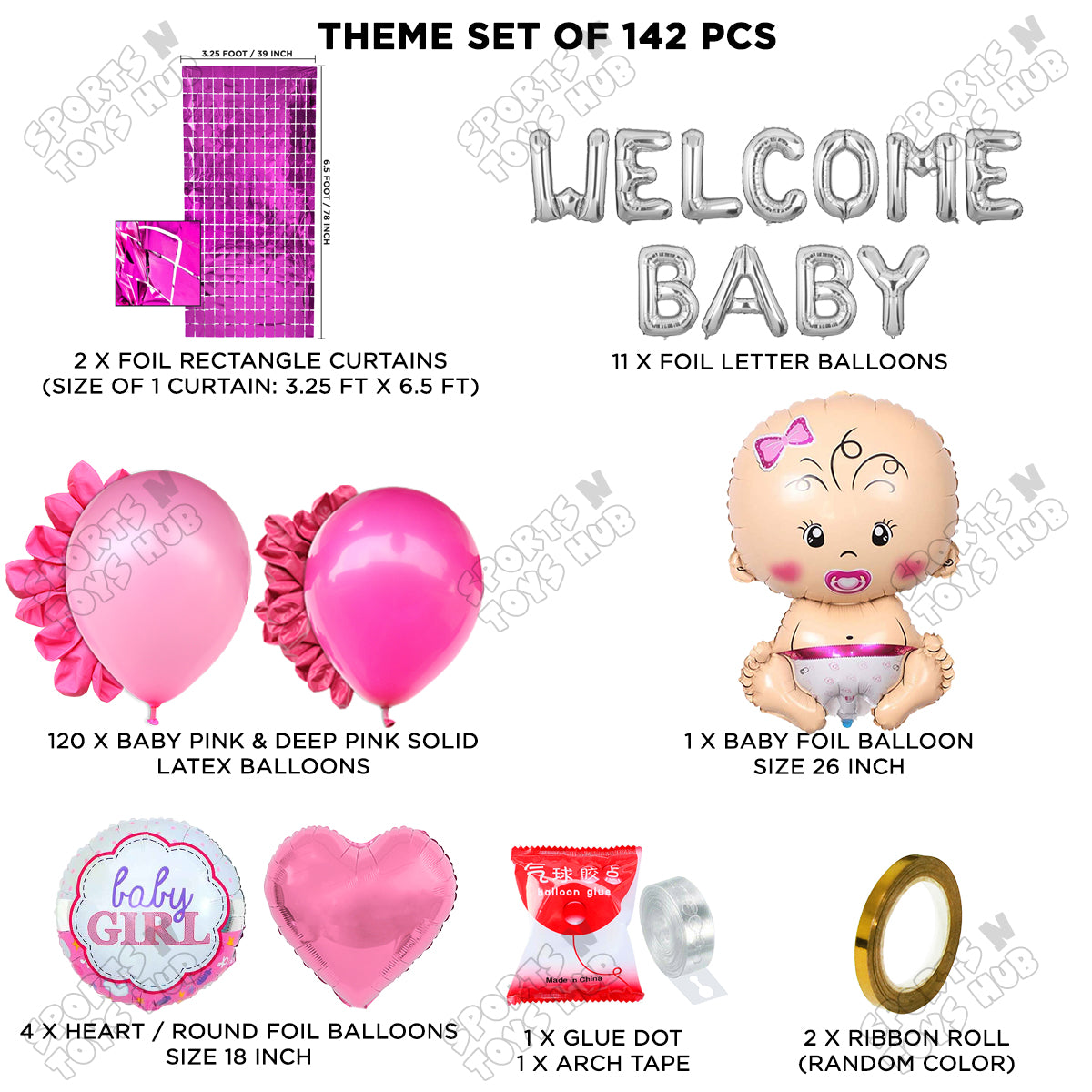 Baby Girl Foil Balloon Set With Welcome Baby Foil Letter Arch Theme - Pack Of 142