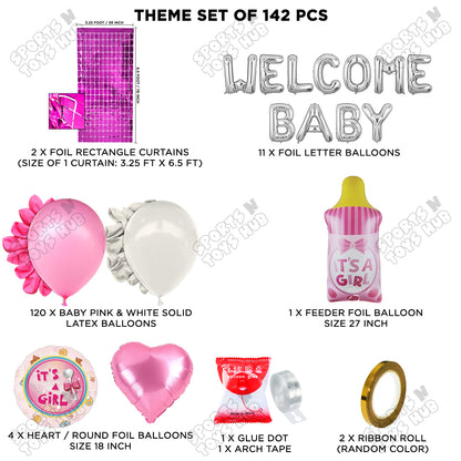 Baby Girl Feeder Foil Balloon Set With Welcome Baby Foil Letter White & Pink Color Arch Theme - Pack Of 142