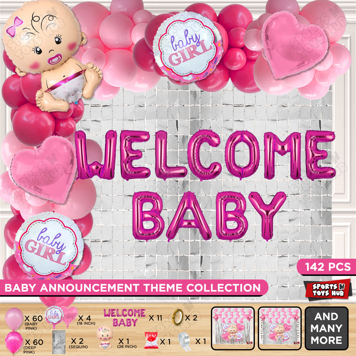 Baby Girl Foil Balloon Set With Welcome Baby Foil Letter Arch Theme - Pack Of 142