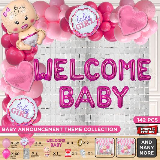 Baby Girl Foil Balloon Set With Welcome Baby Foil Letter Arch Theme - Pack Of 142