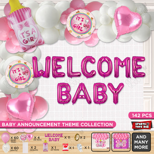 Baby Girl Feeder Foil Balloon Set With Welcome Baby Foil Letter White & Pink Color Arch Theme - Pack Of 142