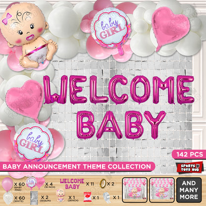 Baby Girl Foil Balloon Set With Welcome Baby Foil Letter Pink & White Color Arch Theme - Pack Of 142
