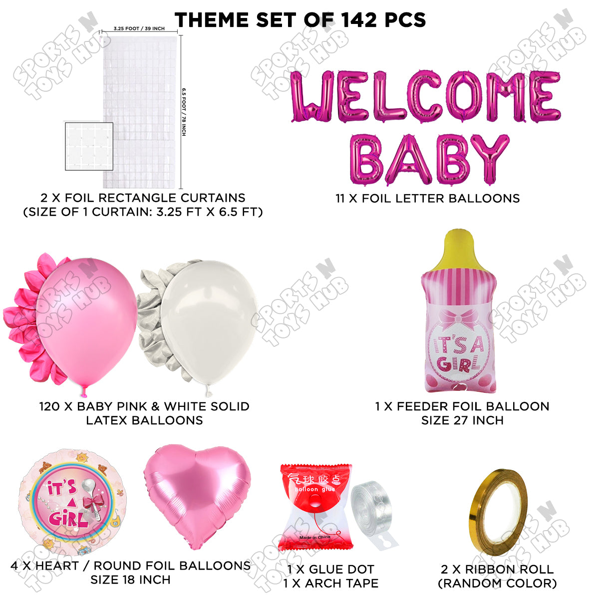 Baby Girl Feeder Foil Balloon Set With Welcome Baby Foil Letter White & Pink Color Arch Theme - Pack Of 142