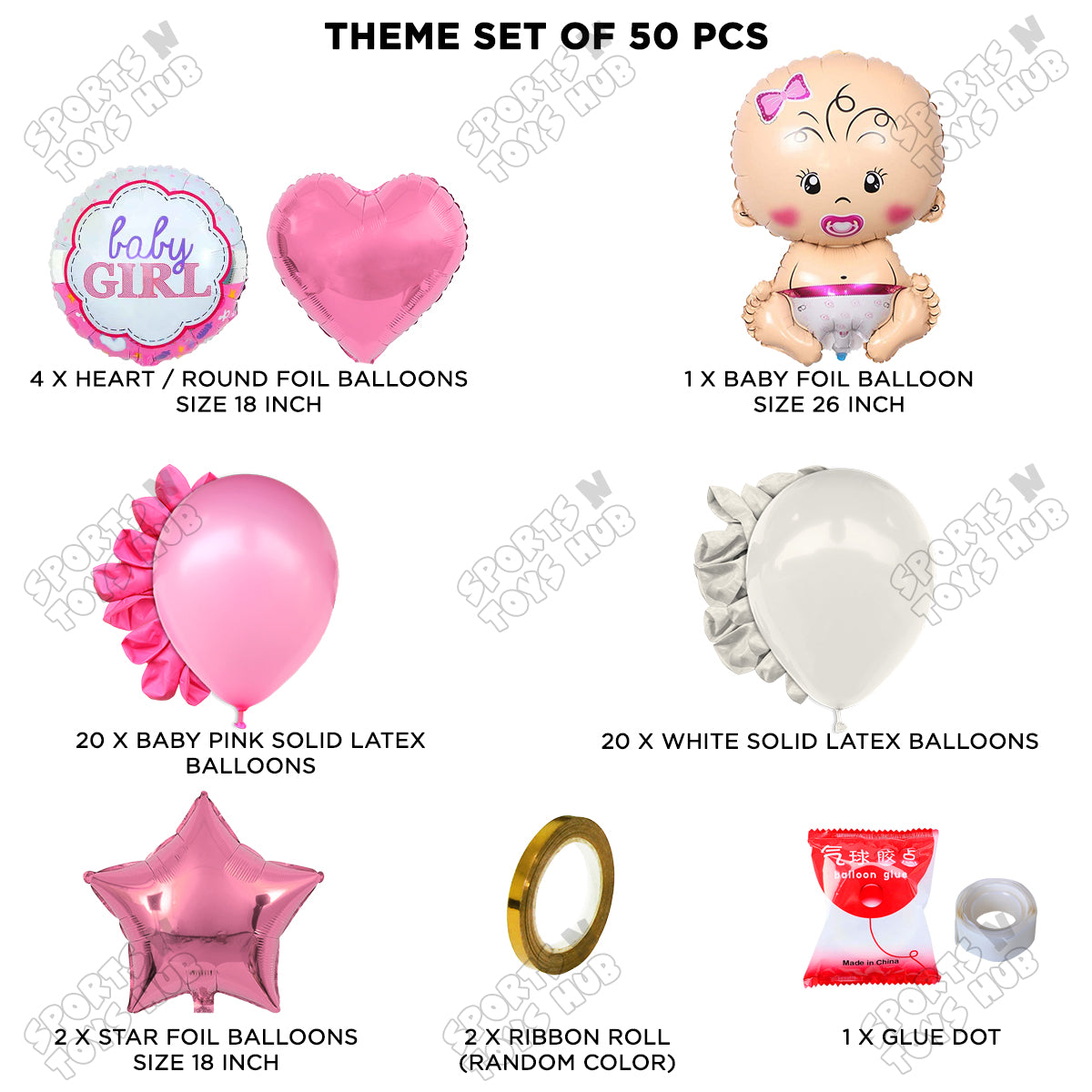 Baby Girl Foil Balloon Set Garland Pink & White Color Theme - Pack Of 50
