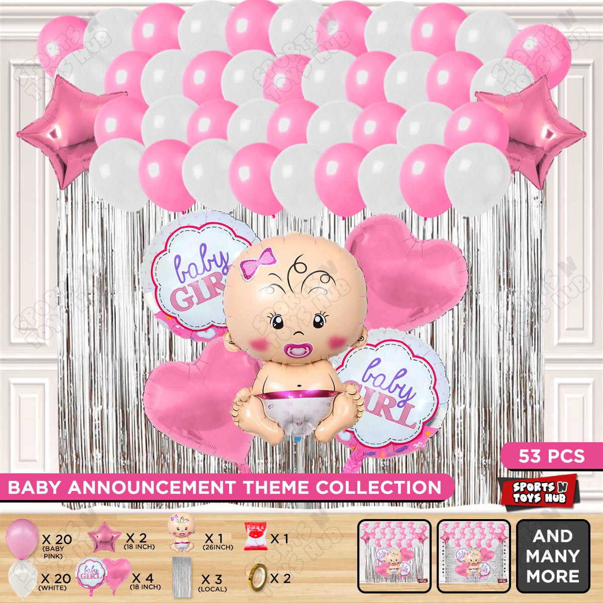 Baby Girl Foil Balloon Set Curtain Pink & White Color Theme - Pack Of 53