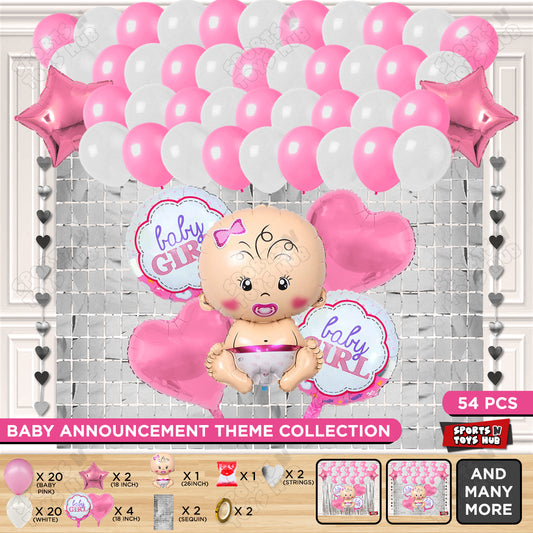 Baby Girl Foil Balloon Set Rectangle Curtain Pink & White Color Theme