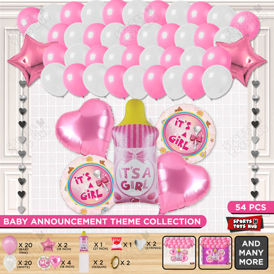 Baby Girl Feeder Foil Balloon Set With Balloon White & Pink Color Rectangle Curtain Theme