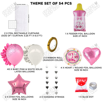 Baby Girl Feeder Foil Balloon Set With Balloon White & Pink Color Rectangle Curtain Theme