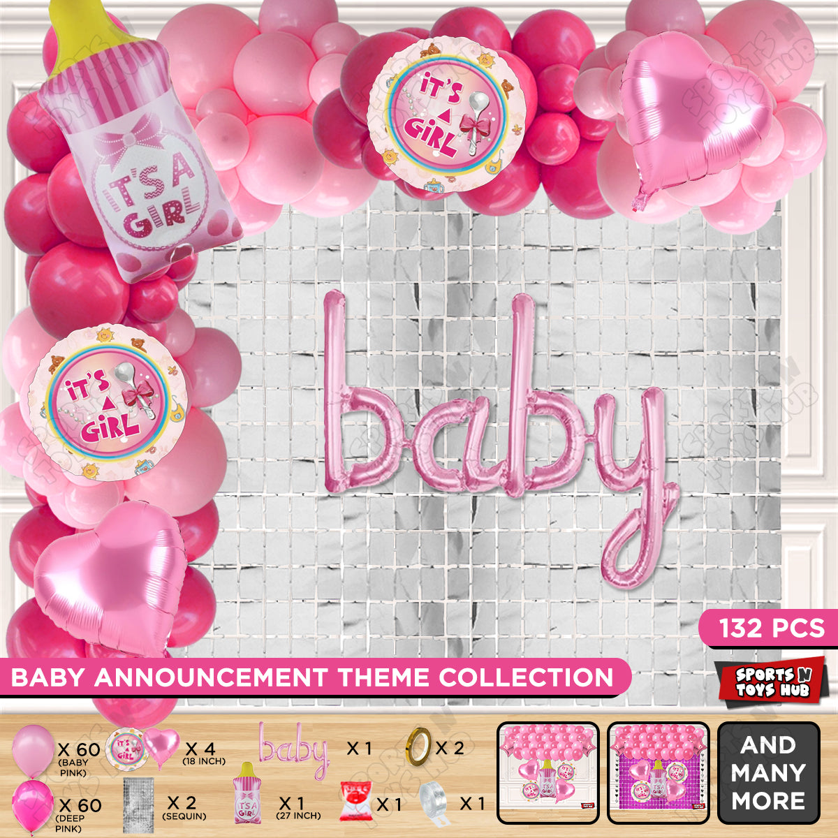 Feeder Foil Balloon With Baby Cursive Foil Letter Dark Pink & Pink Color Arch Theme - Pack Of 132
