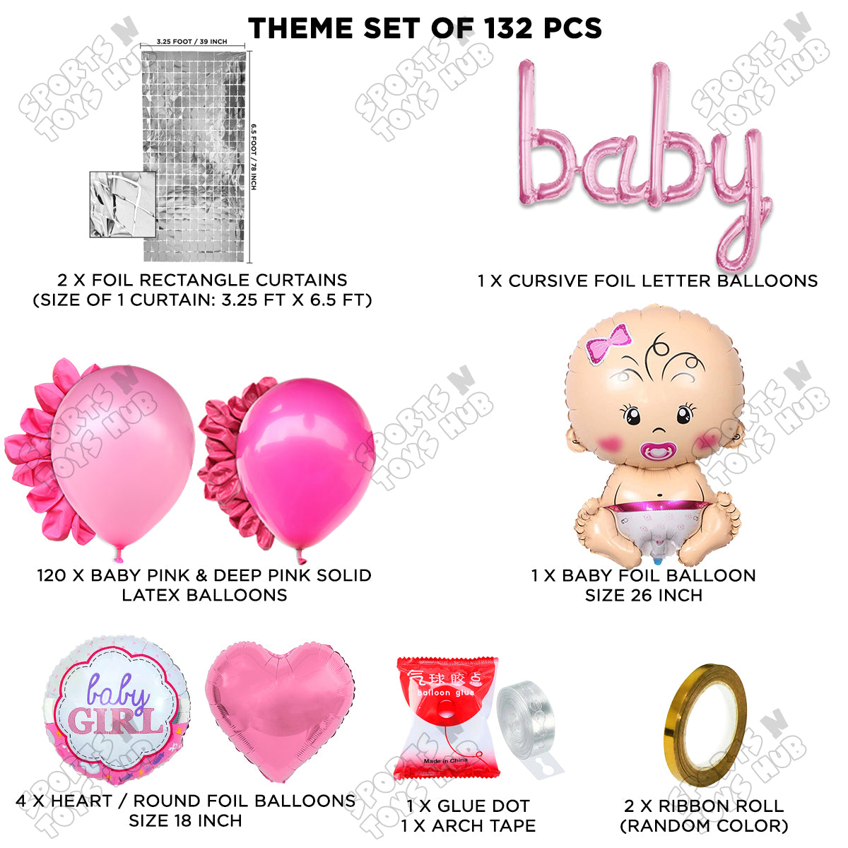 Baby Girl Foil Balloon With Baby Cursive Foil Letter Arch Theme - Pack Of 132