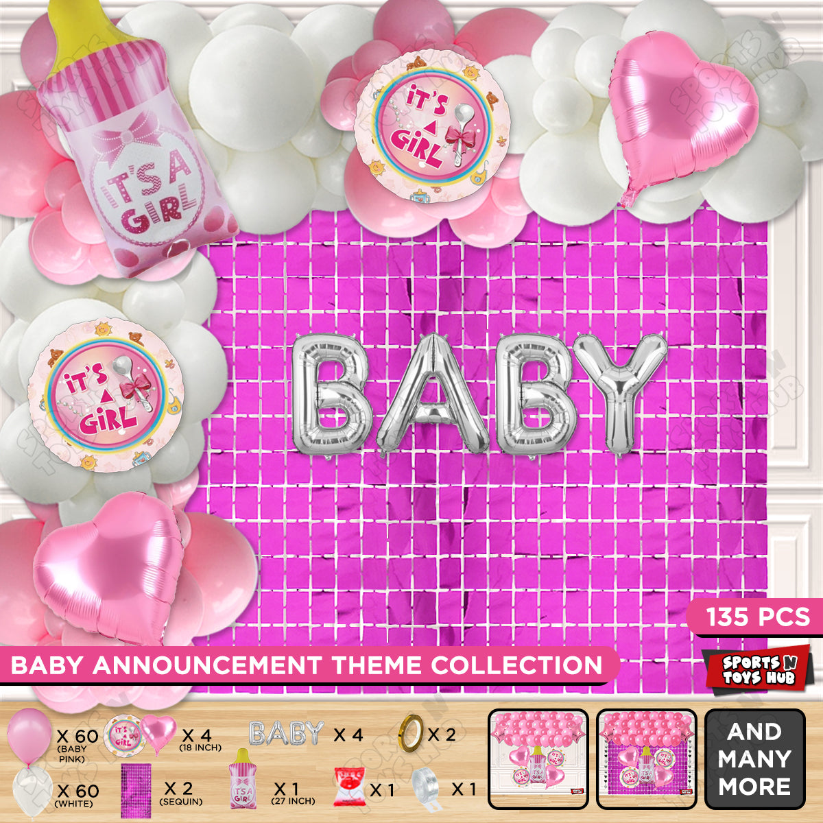 Feeder Foil Balloon With Baby Foil Letter Pink & White Arch Theme - Pack Of 135