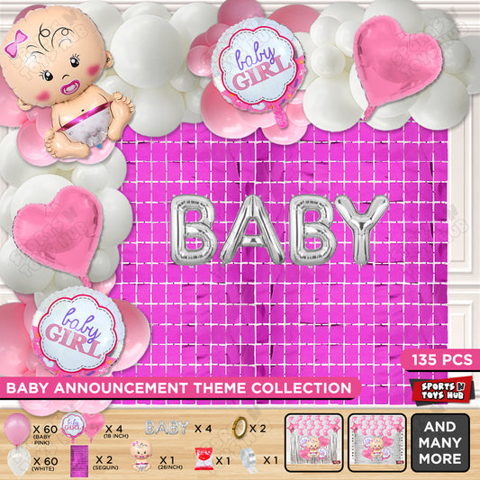 Baby Girl Foil Balloon With Baby Foil Letter Pink & White Arch Theme - Pack Of 135