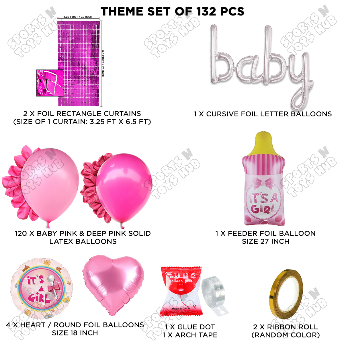 Feeder Foil Balloon With Baby Cursive Foil Letter Dark Pink & Pink Color Arch Theme - Pack Of 132