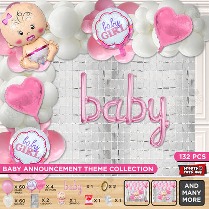 Baby Girl Foil Balloon With Baby Cursive Foil Letter Pink & White Arch Theme - Pack Of 132