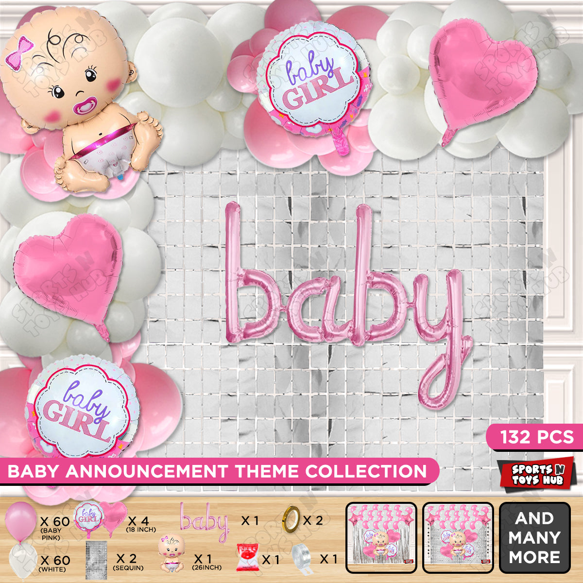 Baby Girl Foil Balloon With Baby Cursive Foil Letter Pink & White Arch Theme - Pack Of 132