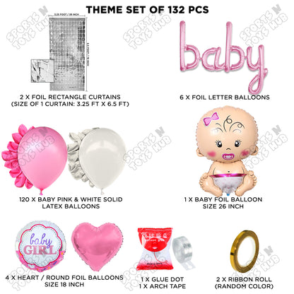 Baby Girl Foil Balloon With Baby Cursive Foil Letter Pink & White Arch Theme - Pack Of 132