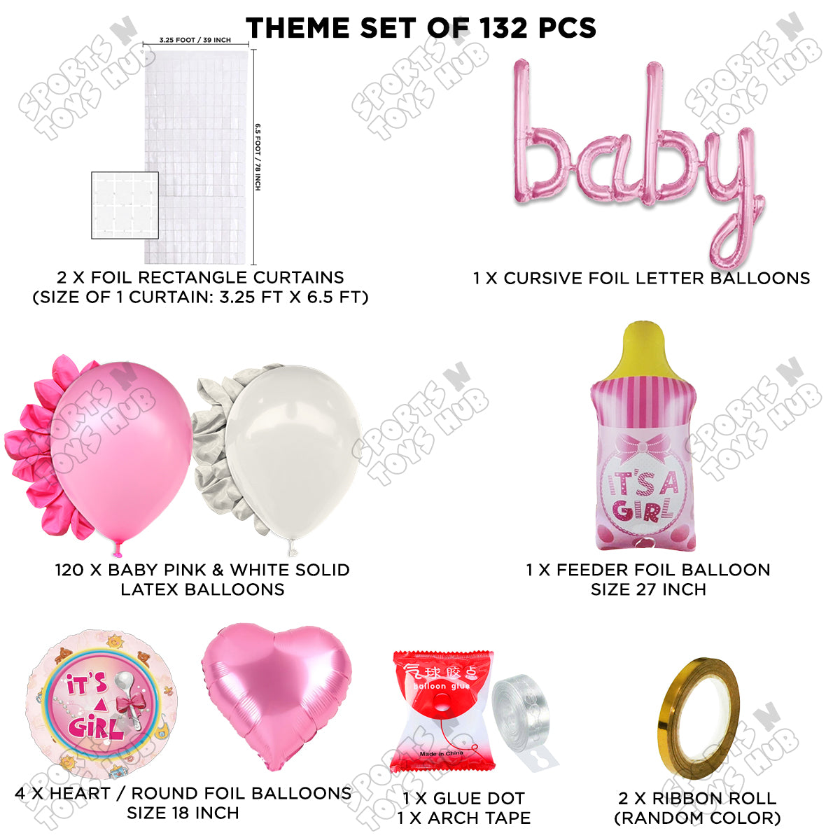 Feeder Foil Balloon With Baby Cursive Foil Letter Pink & White Color Arch Theme - Pack Of 132