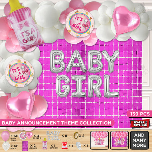 Feeder Foil Balloon With Baby Girl Foil Letter Arch White & Pink Color Theme - Pack Of 139