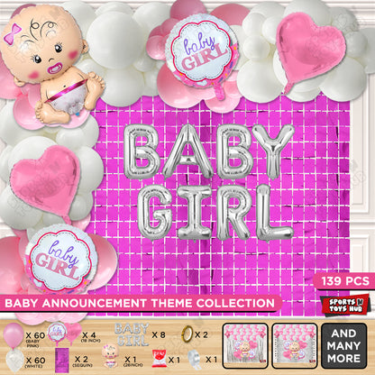 Baby Girl Foil Balloon Set With Baby Girl Silver Foil Letter Pink & White Color Arch Theme