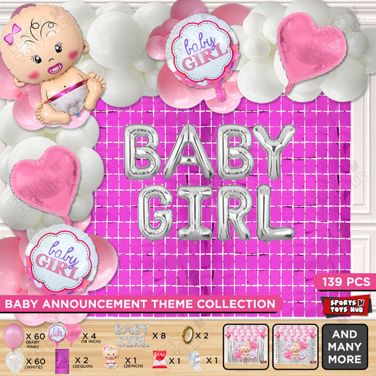 Baby Girl Foil Balloon Set With Baby Girl Silver Foil Letter Pink & White Color Arch Theme