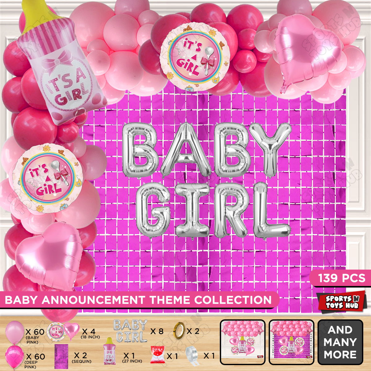 Feeder Foil Balloon With Baby Girl Foil Letter Arch Dark Pink & Pink Color Theme - Pack Of 139