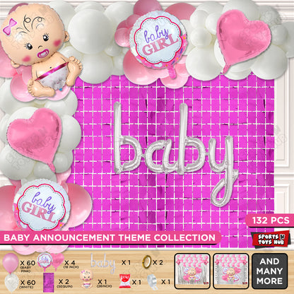 Baby Girl Foil Balloon With Baby Cursive Foil Letter Pink & White Arch Theme - Pack Of 132