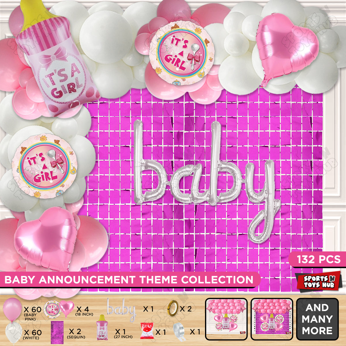 Feeder Foil Balloon With Baby Cursive Foil Letter Pink & White Color Arch Theme - Pack Of 132