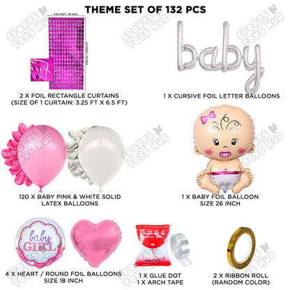 Baby Girl Foil Balloon With Baby Cursive Foil Letter Pink & White Arch Theme - Pack Of 132