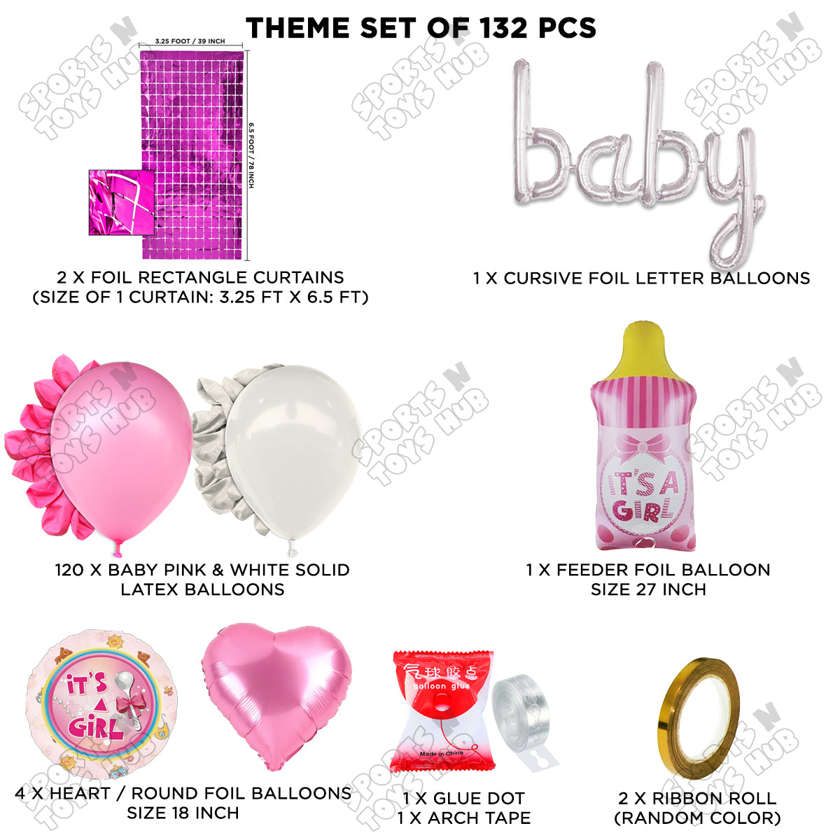 Feeder Foil Balloon With Baby Cursive Foil Letter Pink & White Color Arch Theme - Pack Of 132