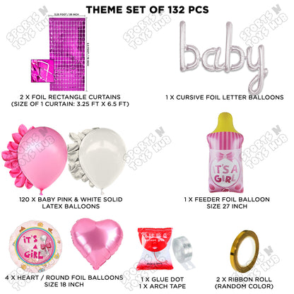 Feeder Foil Balloon With Baby Cursive Foil Letter Pink & White Color Arch Theme - Pack Of 132