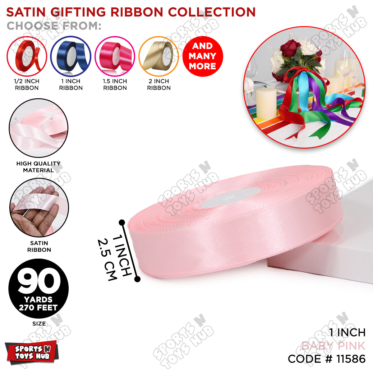 1 Inch x 90 Yards – Multi-Purpose Plain Satin Ribbon Roll for Gift Wrapping, Crafts & Decor