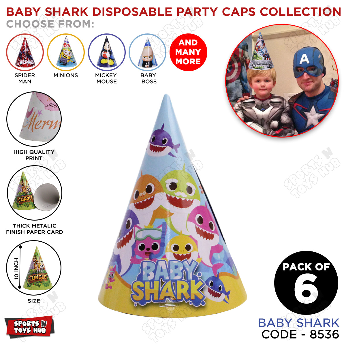 Baby Sh@rk Cartoons Characters Caps - 6 Pcs