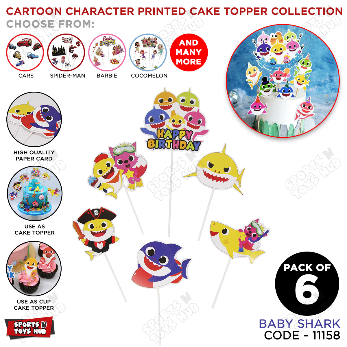 HBD Cartoon Character Baby Shark Printed Card Board Cake Topper - 6 Pcs