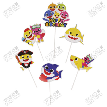 HBD Cartoon Character Baby Shark Printed Card Board Cake Topper - 6 Pcs