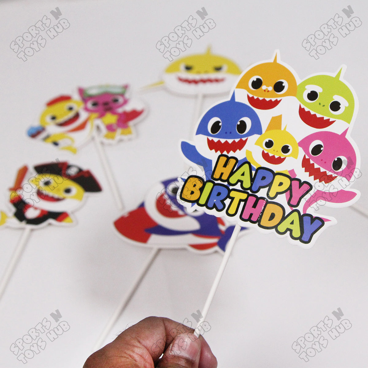 HBD Cartoon Character Baby Shark Printed Card Board Cake Topper - 6 Pcs