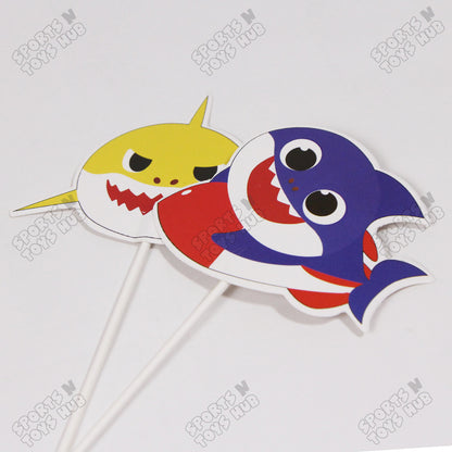 HBD Cartoon Character Baby Shark Printed Card Board Cake Topper - 6 Pcs