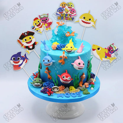 HBD Cartoon Character Baby Shark Printed Card Board Cake Topper - 6 Pcs