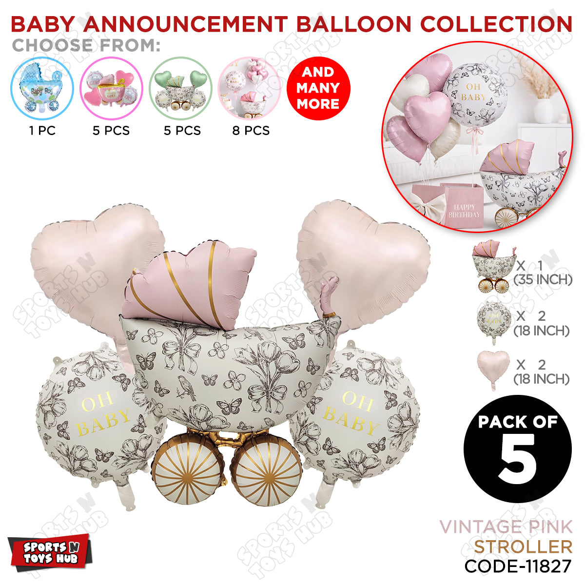 Stroller Vintage Pink Pack Of 5 Foil Balloon Set