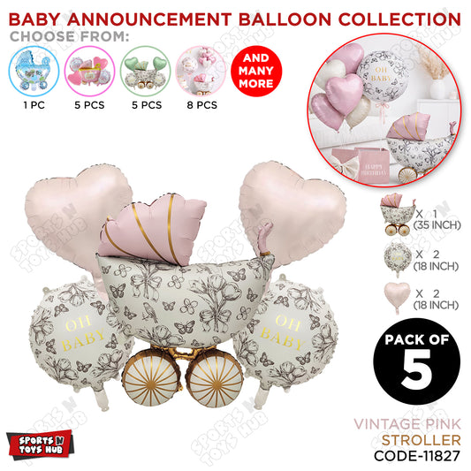 Stroller Vintage Pink Pack Of 5 Foil Balloon Set