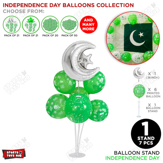 7 Stick Balloon Stand With Pakistan Flag Printed Balloons & Moon Star Foil Balloon