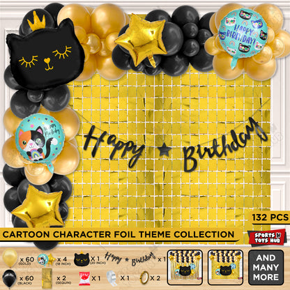 Cartoon Crown Black Kitten Cat Foil Balloon Set With Happy Birthday Cursive Card Banner Arch Theme